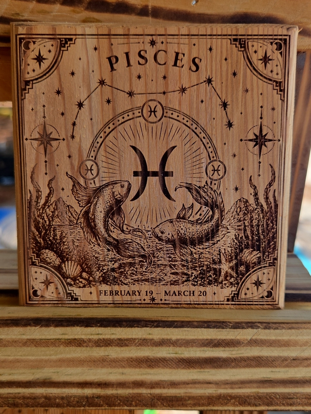 Pisces Wooden Coaster Art Sign - Natural Brown Zodiac Decor